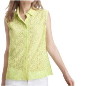 Equipment neon green lace button-down tank top